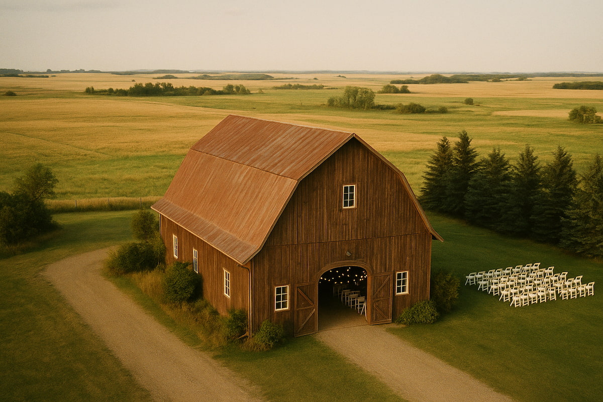 rustic wedding venue aerial shot in Alberta by Andrew Shaw Photography