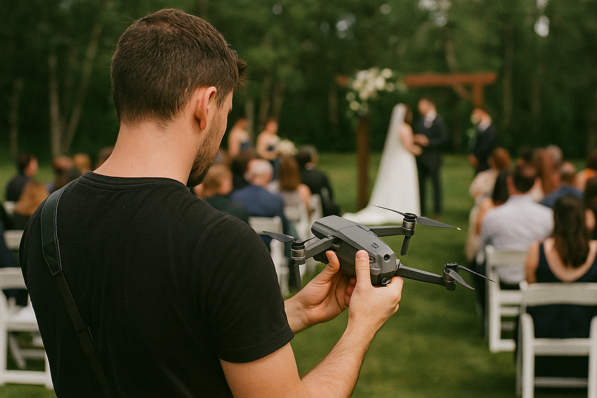 Andrew Shaw setting up drone equipment for Edmonton wedding shoot