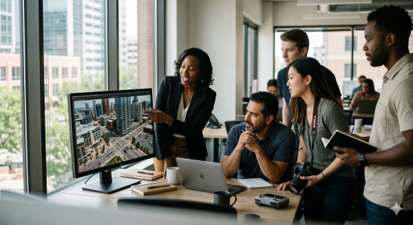 Marketing team using drone photography Edmonton visuals for website and social media campaigns