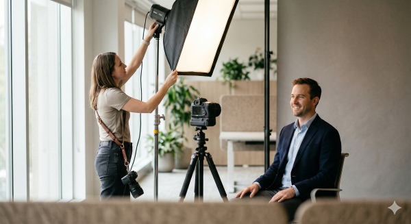 corporate photography lighting setup showing soft flattering light for headshots